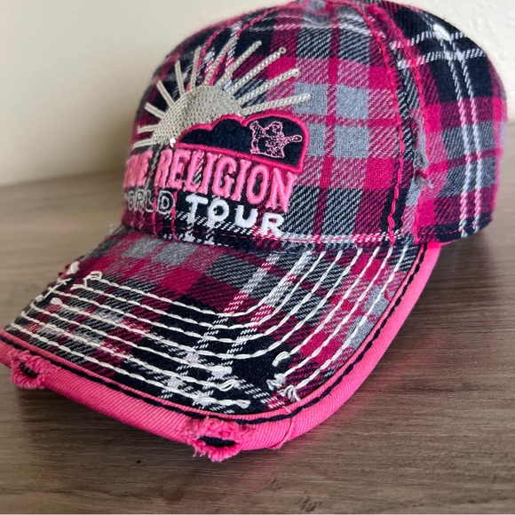 True Religion World Tour Buddha Hat NEW Distressed Leather Strapback Wool Pink - Picture 7 of 14